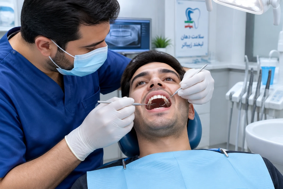 دندانپزشک در حال قرار دادن لمینت دندان زیرکونیا برای بیمار